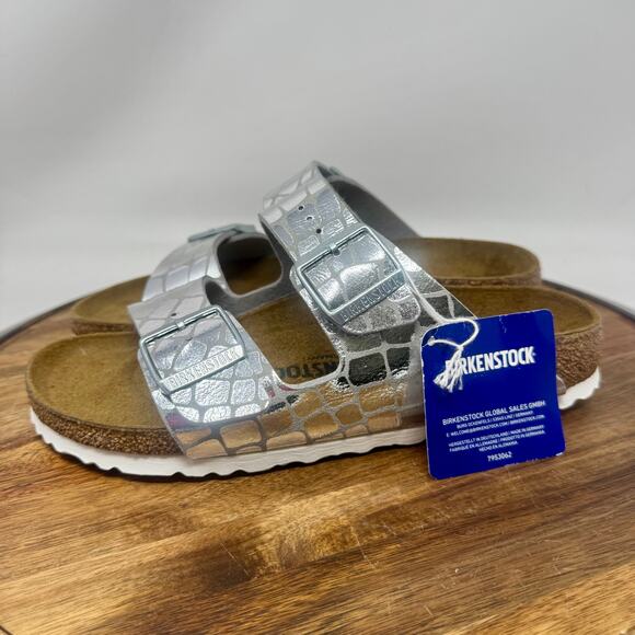Birkenstock Arizona Gator Gleam Silver Slides Narrow Size 38 Women's 7 - Picture 3 of 8